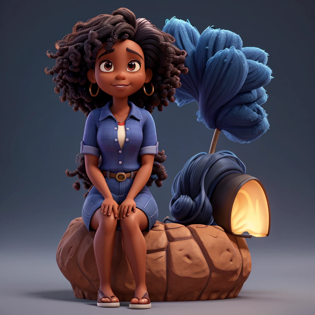 Cartoon character of a black woman in a blue shirt with dark brown eyes, long curly hair, an animated character, stylized character, animation style rendering, 3d stylized, Arnold Maya rendering, Stylized 3D rendering, toon render screenshot, 3d character, 3d character, Stylized 3D rendering, 3D character rendering, cartoon character, Personagem de close up, character posing, (Pixar-style) (master part:1.2) (bokeh) (best qualityer) (skin detailed) (detailed texture) (8K) (Argilla) (cinematic lighting) (sharp focus，Sit down and lift your upper body
