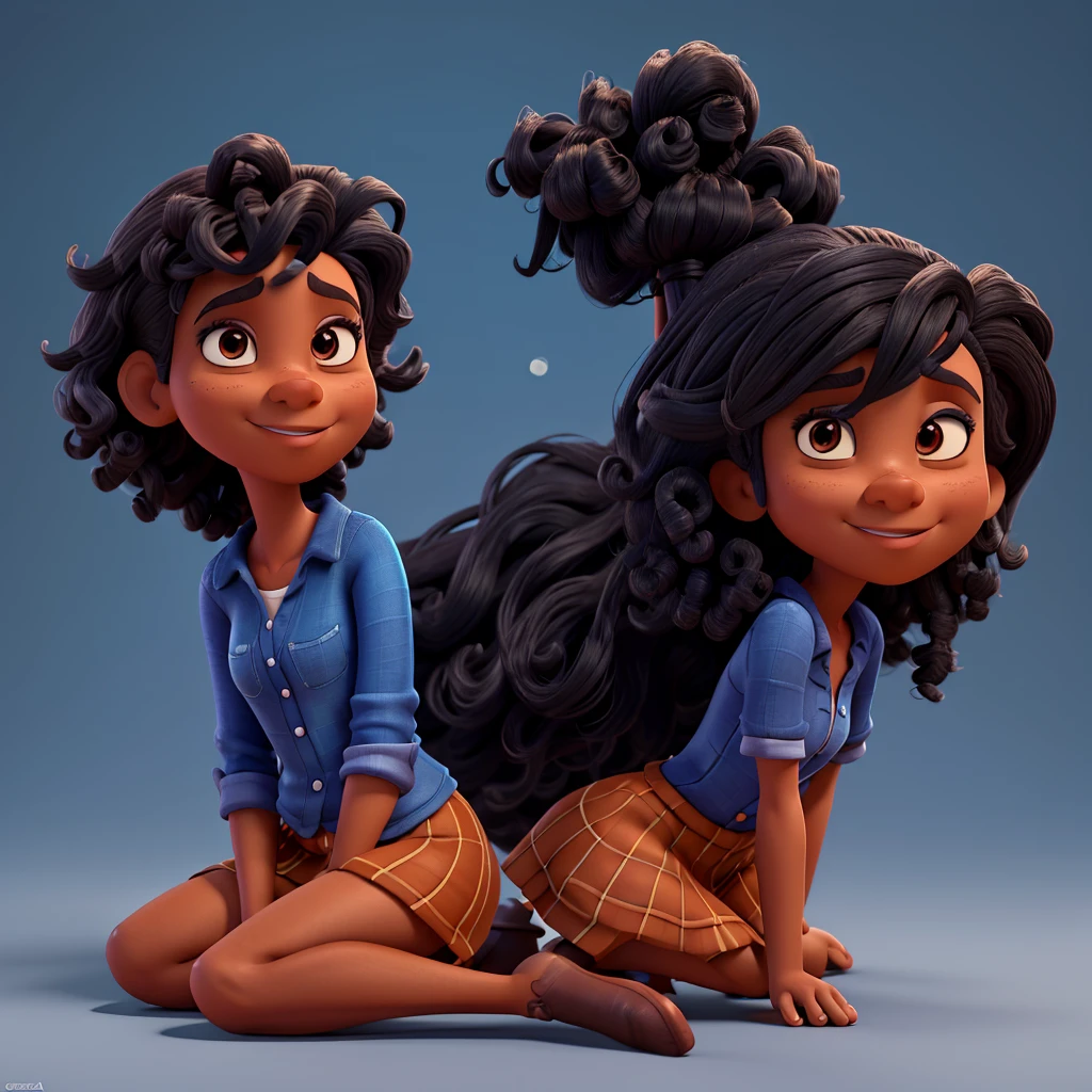 Cartoon character of a black woman in a blue shirt with dark brown eyes, long curly hair, an animated character, stylized character, animation style rendering, 3d stylized, Arnold Maya rendering, Stylized 3D rendering, toon render screenshot, 3d character, 3d character, Stylized 3D rendering, 3D character rendering, cartoon character, Personagem de close up, character posing, (Pixar-style) (master part:1.2) (bokeh) (best qualityer) (skin detailed) (detailed texture) (8K) (Argilla) (cinematic lighting) (sharp focus,Sit down and lift your upper body