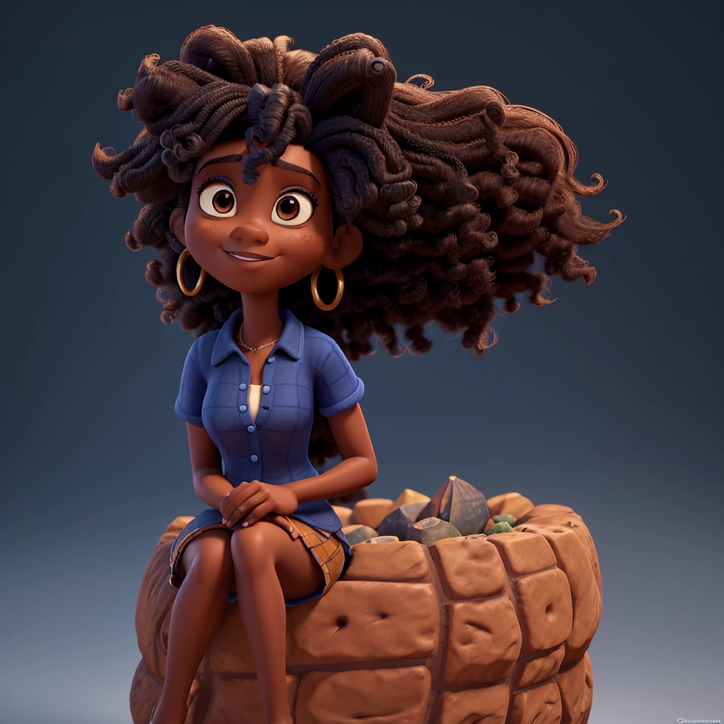 Cartoon character of a black woman in a blue shirt with dark brown eyes, long curly hair, an animated character, stylized character, animation style rendering, 3d stylized, Arnold Maya rendering, Stylized 3D rendering, toon render screenshot, 3d character, 3d character, Stylized 3D rendering, 3D character rendering, cartoon character, Personagem de close up, character posing, (Pixar-style) (master part:1.2) (bokeh) (best qualityer) (skin detailed) (detailed texture) (8K) (Argilla) (cinematic lighting) (sharp focus,Sit down and lift your upper body
