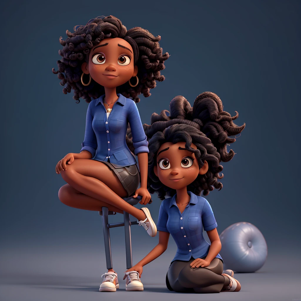 Cartoon character of a black woman in a blue shirt with dark brown eyes, long curly hair, an animated character, stylized character, animation style rendering, 3d stylized, Arnold Maya rendering, Stylized 3D rendering, toon render screenshot, 3d character, 3d character, Stylized 3D rendering, 3D character rendering, cartoon character, Personagem de close up, character posing, (Pixar-style) (master part:1.2) (bokeh) (best qualityer) (skin detailed) (detailed texture) (8K) (Argilla) (cinematic lighting) (sharp focus，Sit down and lift your upper body