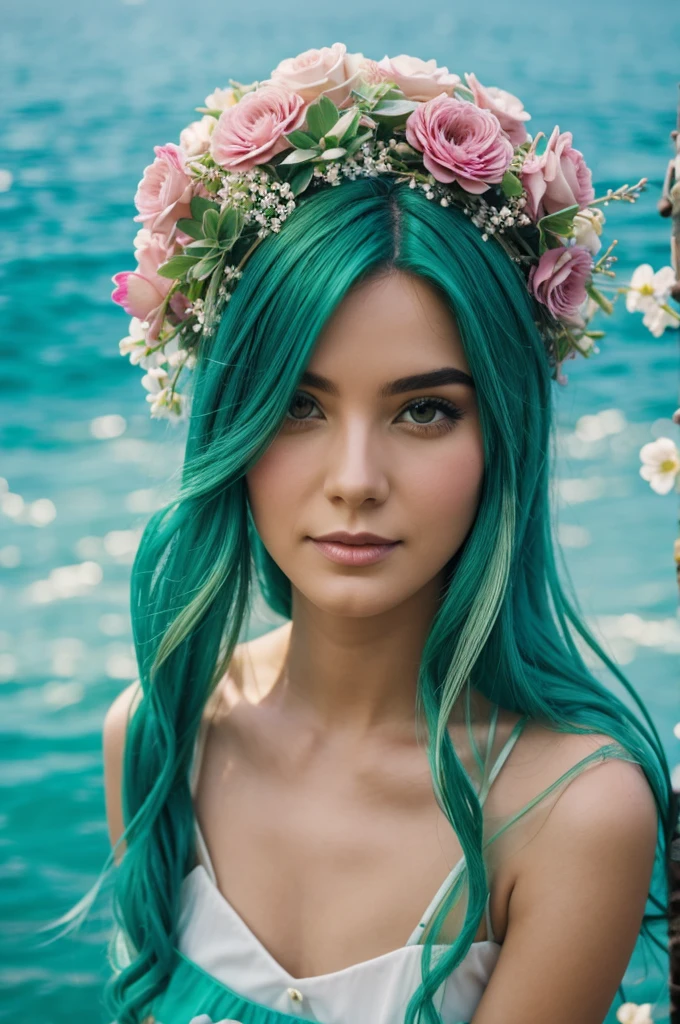 Woman green hair jellyfish with flowers