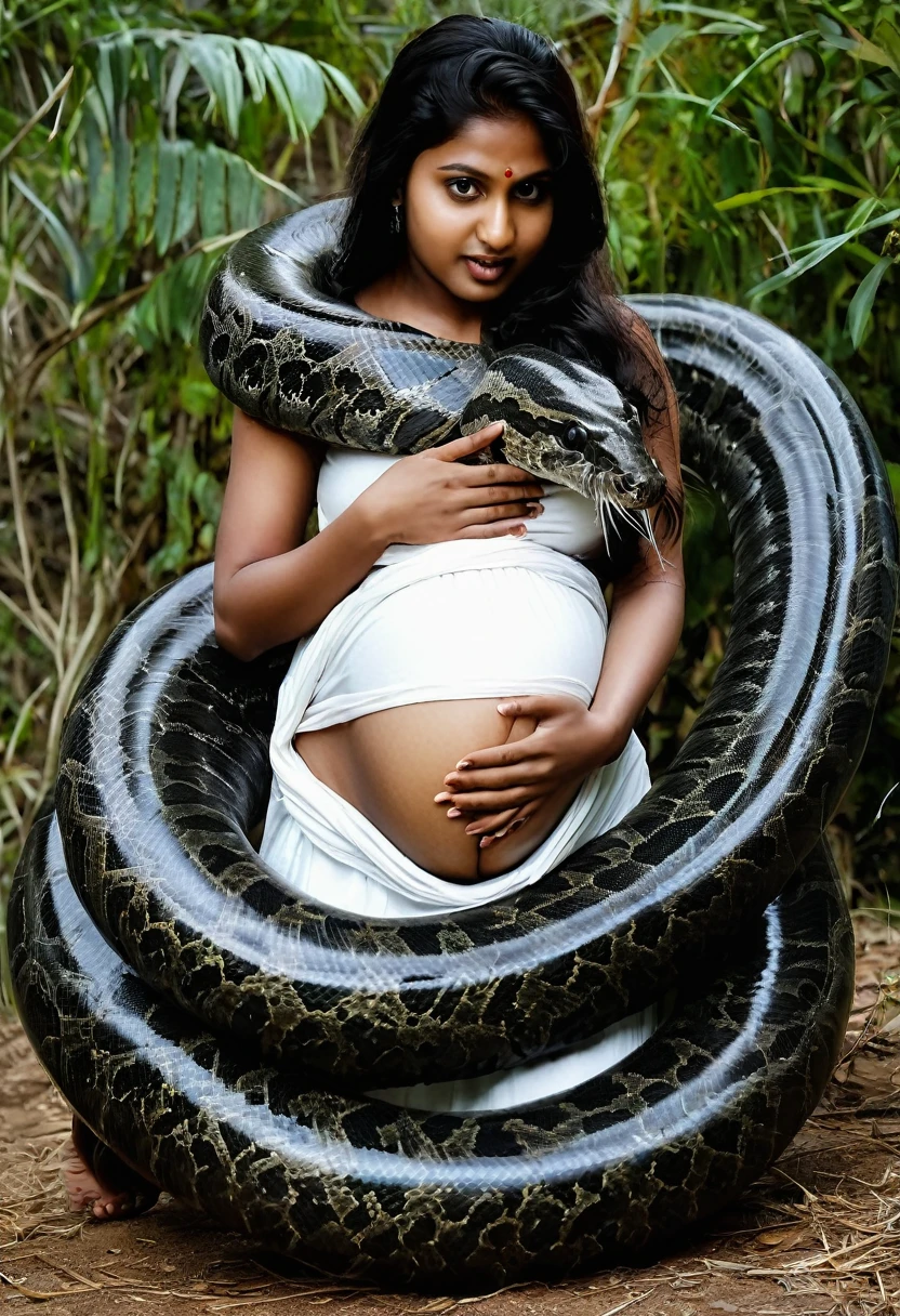Pregnant Happy Horny, aroused 1girl), beautiful kneeling Indian young girl with giant colossal black titanboa squeezing her hard, wrapped in thick spiraling coils, constricted, struggle, gasping for air, snake attack, snake peril, moonless night, dim light