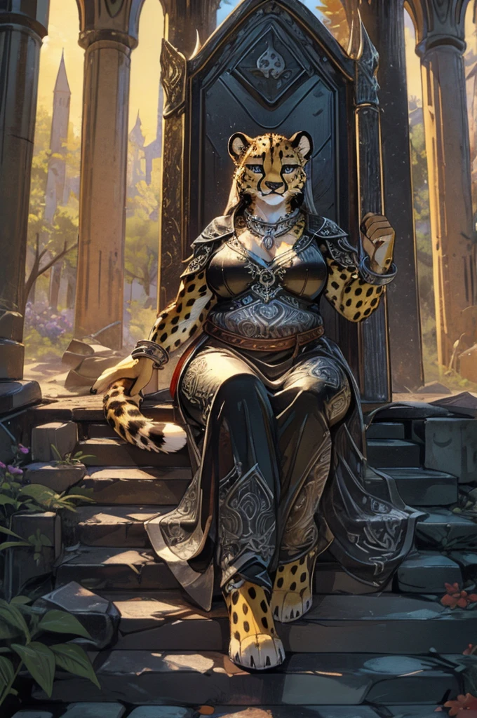 ((best quality, masterpiece, perfect anatomy, detailed picture)), 1female, cheetah, breasts, thick thighs, sexy body, Nightingale outfit, (Skyrim), legwear, fluffy tail, red blushing, domineering, sexy pose, in the ruins, Female cheetah, fat, fat belly, fat thighs, fat arms, lovehandles, big breasts, silver eyes, golden yellow fur, black cheetah markings, silver dress, silver earrings, silver bracelets, silver rings, silver necklaces, throne