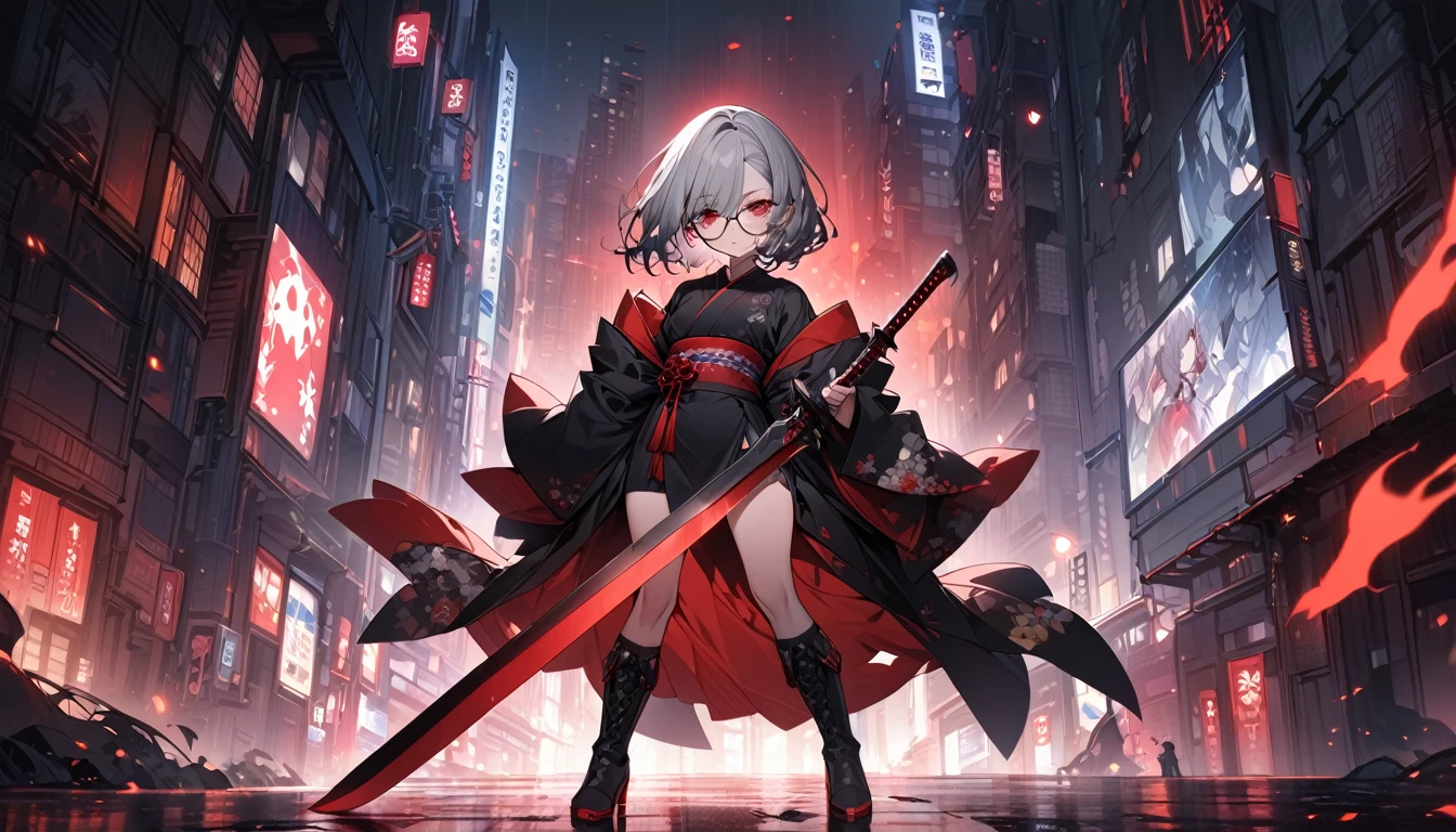 Highest quality, masterpiece, High resolution, Woman holding a black blade sword, whole body, Character Portrait, Urban Background, Low Light, pale gradation, kimono, Bob Hair, Gray Hair, Knee-high boots, Red glowing eyes, Round Glasses, chibi
