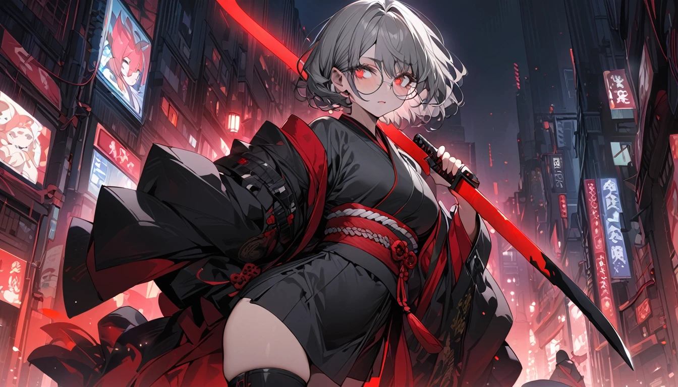 Highest quality, masterpiece, High resolution, Woman holding a black blade sword, whole body, Character Portrait, Urban Background, Low Light, pale gradation, kimono, Bob Hair, Gray Hair, Knee-high boots, Red glowing eyes, Round Glasses, chibi