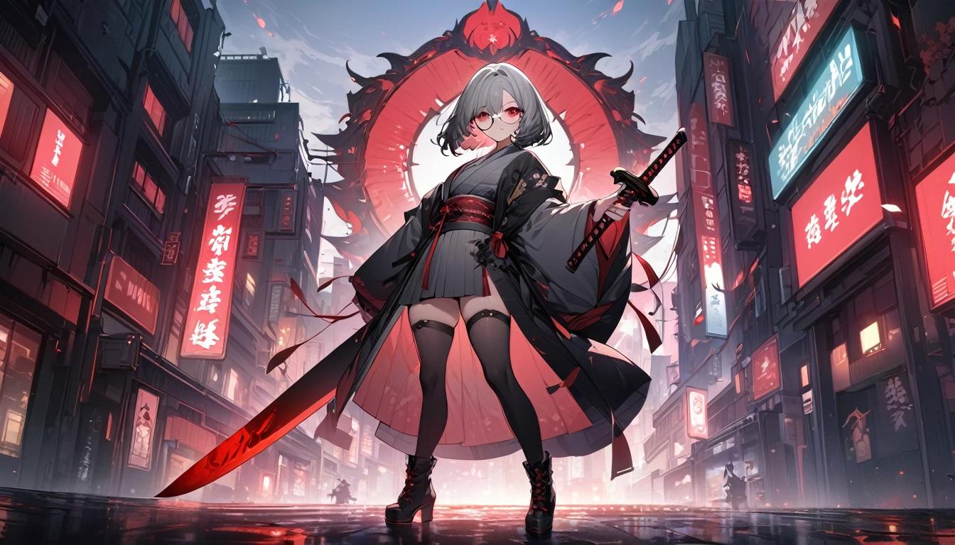 Highest quality, masterpiece, High resolution, Woman holding a black blade sword, whole body, Character Portrait, Urban Background, Low Light, pale gradation, kimono, Bob Hair, Gray Hair, Knee-high boots, Red glowing eyes, Round Glasses, chibi