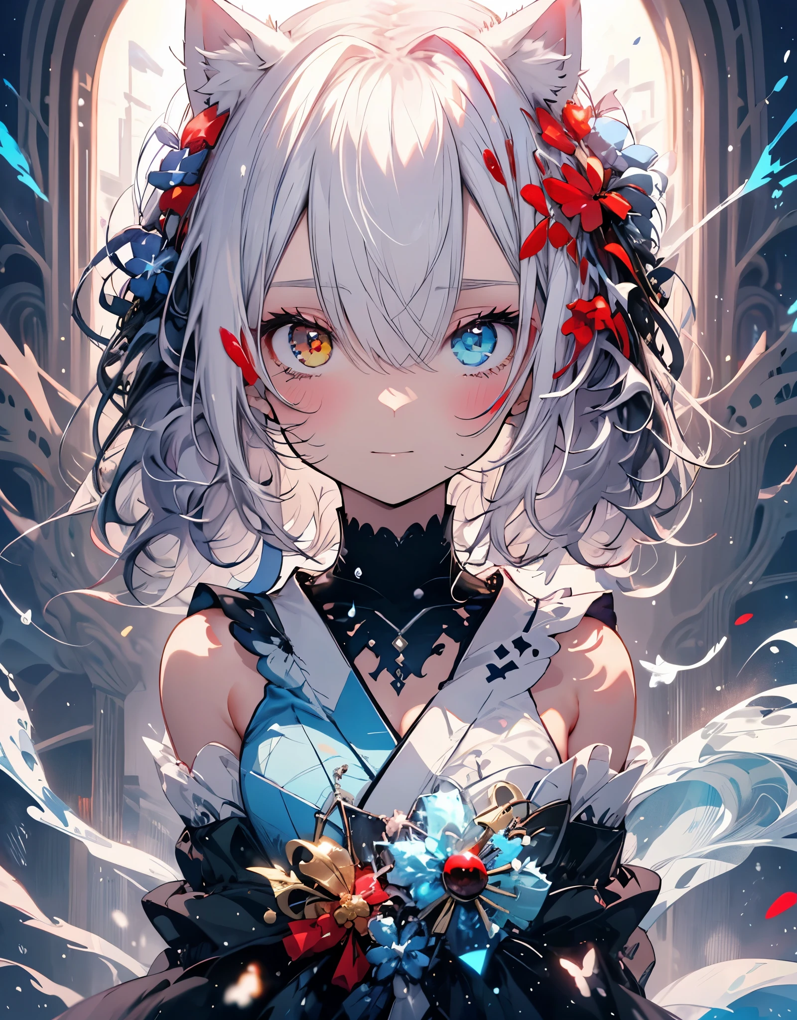 [[[ ultra-detailed, best quality, soft skin, beautiful, 4K]]] white hair, ((white cat ears)), ((one perfect demon red and black eye)) , ((white and blue eye)) ,((heterochromia)), tied-up hair, slender body, dynamic angle, white choker, white and blue upper loose kimono (off shoulders kimono ) , ((half evil expression)) , ((half sad expression)) , female, snowy palace gardens background, serious, blood on snow). walking angle, ((little horny smile)), bare shoulders,  easy like, scenery, sexy pose, blood tears from one eye, normal watwr tears from the other eye, half face good, half face evil, HQ face details