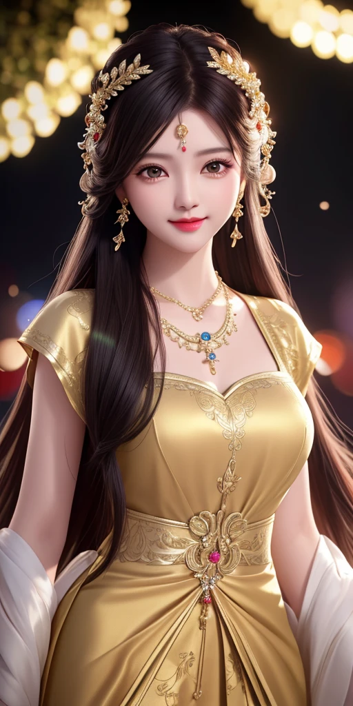 best quality, masterpiece, highres, 1girl, transparent silk china dress, beautiful face, hair ornament, looking at viewer, smile, closed mouth,lips, dress,hair ornament, necklace, jewelry, long hair, earrings, Beautiful face,upon_body, tyndall effect,photorealistic, dark studio, rim lighting, two tone lighting,(high detailed skin:1.2), 8k uhd, dslr, soft lighting, high quality, volumetric lighting, candid, Photograph, high resolution, 4k, 8k, Bokeh