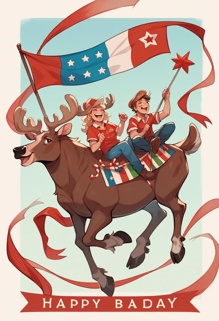Pamela Anderson dressed in a fun, festive Canadian outfit, riding a moose decorated with Canadian flags and streamers.
The moose could be holding a banner in its mouth that says "Happy Canada Day!" while Pamela holds a small birthday cake.