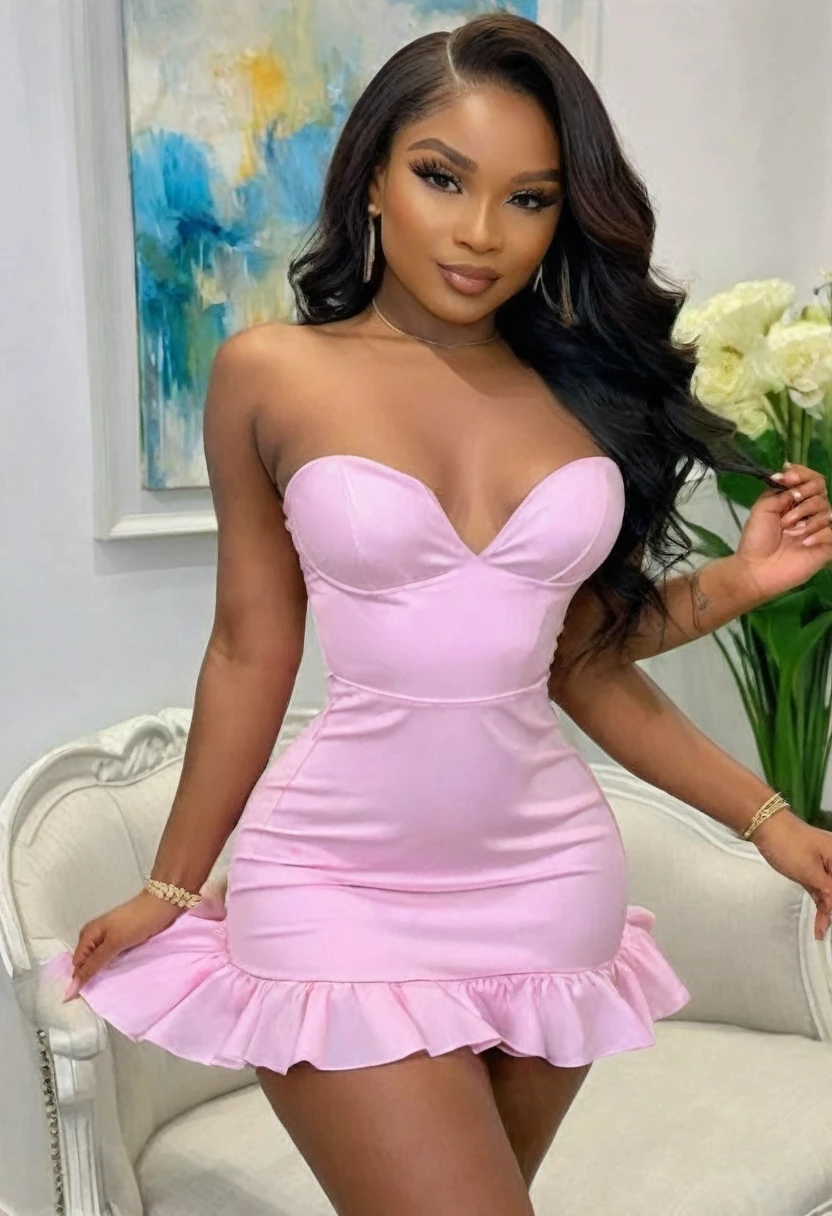 ((Best high quality:1.2)), Work of art, (8k), extremely detailed, ((High detail:1.2)), (HotLexi woman), Solo, ((24 years old pretty perfect Angolan female:1.4)), (sexy dress),