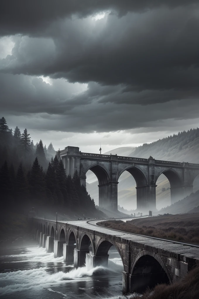 a detailed photo-realistic image of the Overtoun Bridge, built over a deep gorge in Scotland, with a dark, gloomy atmosphere, dramatic lighting, and the earth in the background, (best quality,8k,ultra-detailed,extremely detailed description,vivid colors,cinematic lighting,dramatic lighting,photorealistic,photo-realistic:1.37),landscape,gothic architecture,moody,atmospheric,dark,ominous,haunting,mysterious,ancient,brooding sky,cloudy,overcast,gloomy,foreboding