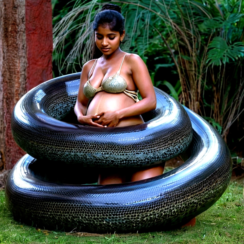   Pregnant Happy Horny, aroused 1girl), beautiful kneeling indian  girl  with  giant colossal black titanboa squeezing her hard, wrapped in thick spiraling coils, constricted, struggle, gasping for air, snake attack, snake peril, moonless night, dim light