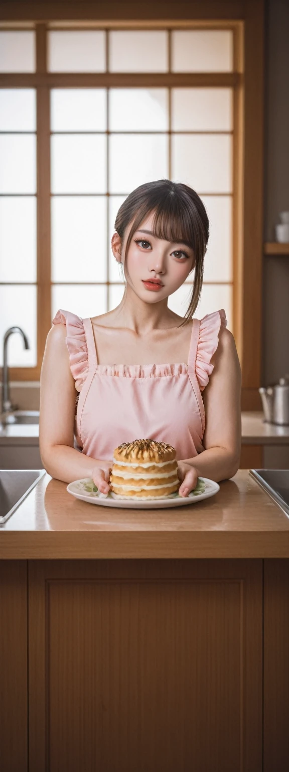 score_9, score_8_up, score_7_up,   product quality, 1girl, full body shot, front view, a Japanese young pretty girl, shoulder length hair, wearing only a silky satin light pink apron with white frills over her naked body, sitting on a table in a kitchen, glamorous figure, busty, hyper cute face, glossy lips, double eyelids in both eyes, natural makeup, long eyelashes, shiny smooth light brown hair, asymmetrical bangs, fair skin, central image, high resolution, high detail, detailed hairstyle, detailed face, cinematic lighting, octane rendering, vibrant, hyper realistic, perfect limbs, perfect anatomy