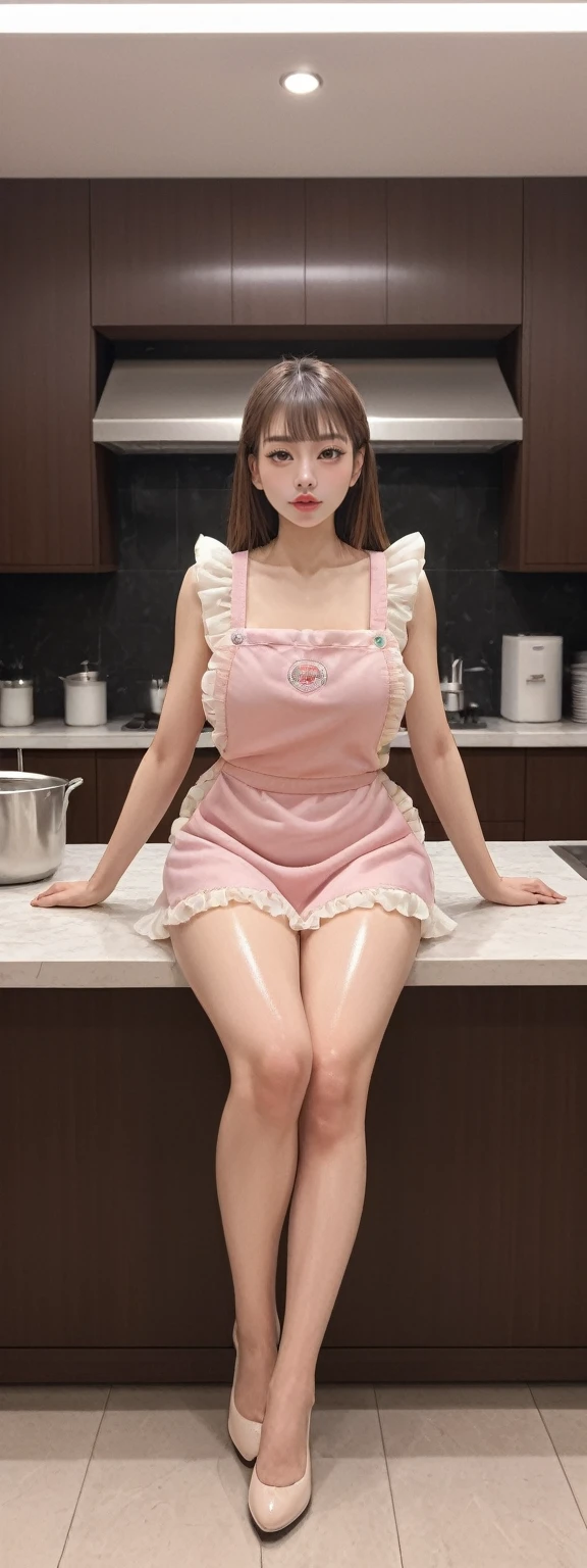 score_9, score_8_up, score_7_up, product quality, 1girl, full body shot, front view, a Japanese young pretty girl, shoulder length hair, wearing only a silky satin light pink apron with white frills over her naked body, sitting on a table in a kitchen, glamorous figure, busty, hyper cute face, glossy lips, double eyelids in both eyes, natural makeup, long eyelashes, shiny smooth light brown hair, asymmetrical bangs, fair skin, central image, high resolution, high detail, detailed hairstyle, detailed face, cinematic lighting, octane rendering, vibrant, hyper realistic, perfect limbs, perfect anatomy
