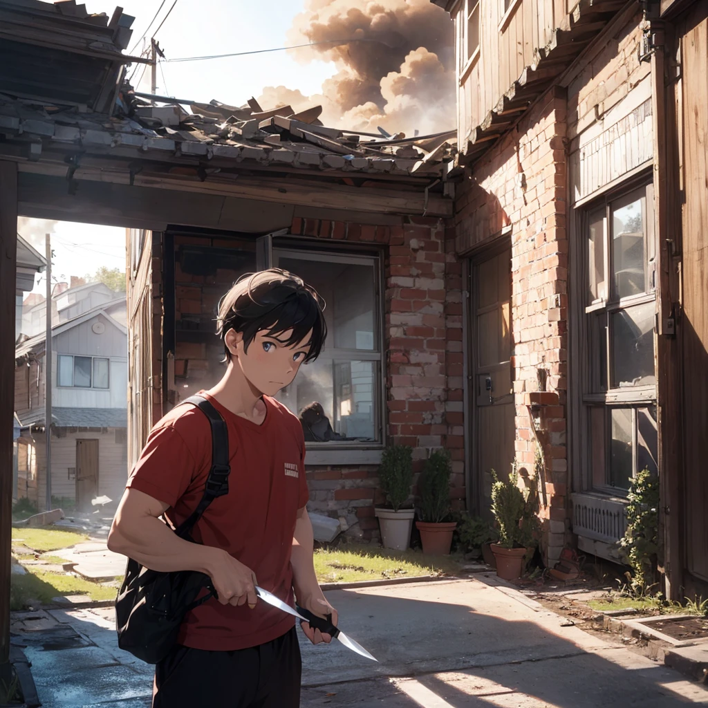 Man with a knife looking at the house on fire 