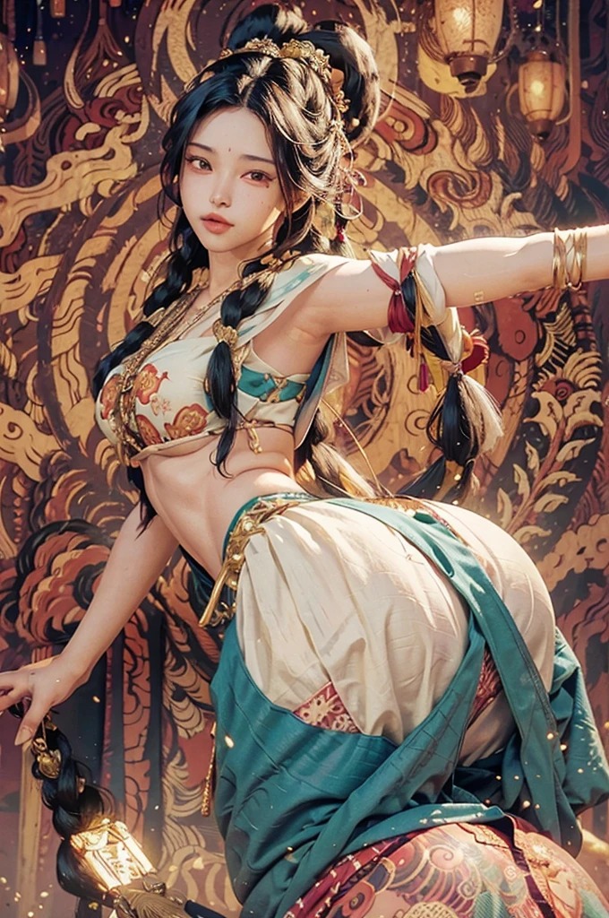 stunning digital illustration of a 35yo aboriginal woman flaunting her phenomenal detailed accentuated big booty, gorgeous, ample curvaceous, thick thighs, great aesthetics, posing, long braided hair, alluring, sultry facial expression, natural colors, highly detailed, ultra detailed, award winning details, unforgettable, very intricate, niji style, comic style, anime style