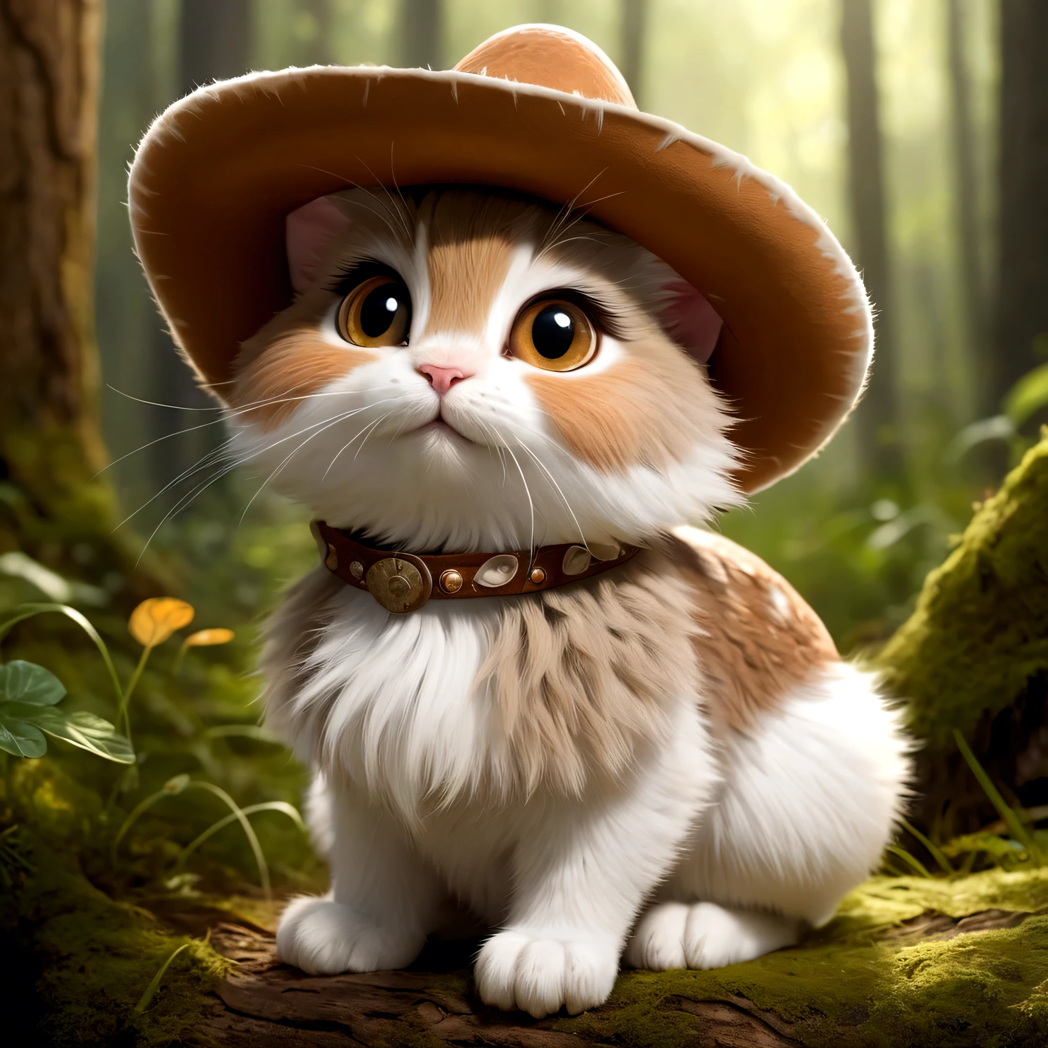 adorable creature,Similar to a mixture of rabbit and cat, lovable, adorable, furry, fluffy, woods, Mushrooms, Wear a cowboy hat