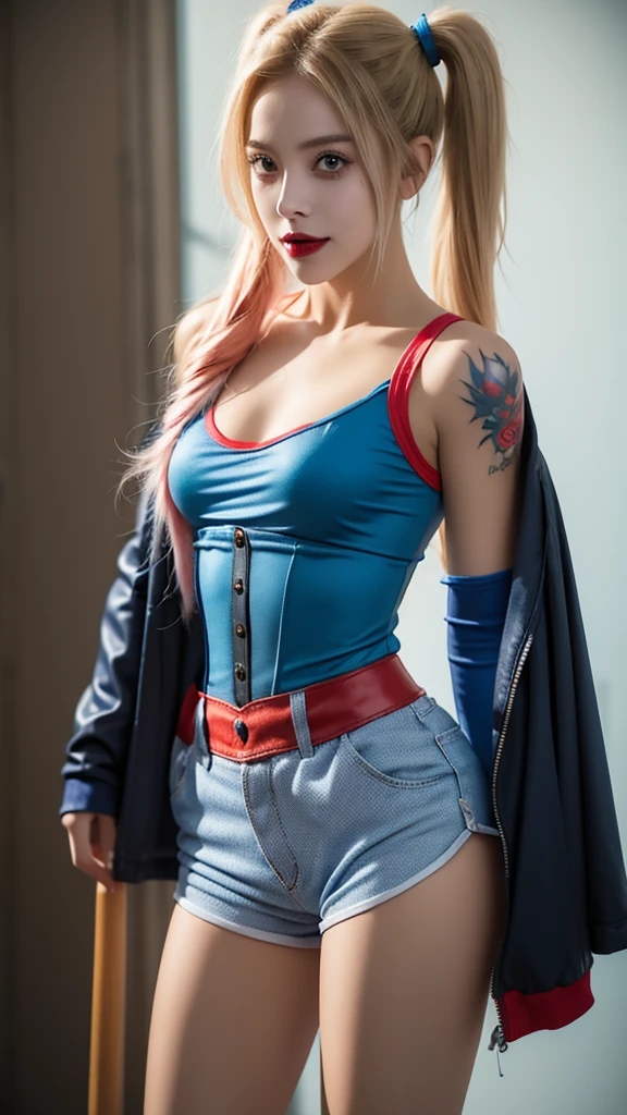 a woman with vibrant Beige and blue pigtails, a red and blue corset top, Small, tight-fitting shorts, fishnet stockings, a baseball bat, and a crazy expression on her face, DC comics character Harley Quinn from the movie Suicide Squad, intricate detailed tattoos, highly saturated colors, high quality, photorealistic, cinematic lighting, dramatic pose, dynamic angle, action scene, Sample language
