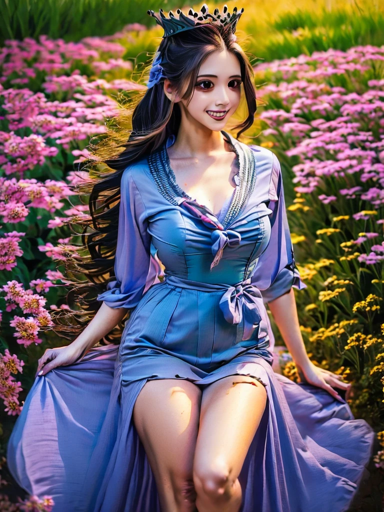 best quality, high_resolution, distinct_image, detailed background ,girl, hanbok,flower,garden,moon, night,dutch angle, wide shot, crown,