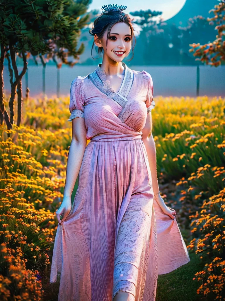 best quality, high_resolution, distinct_image, detailed background ,girl, hanbok,flower,garden,moon, night,dutch angle, wide shot, crown,