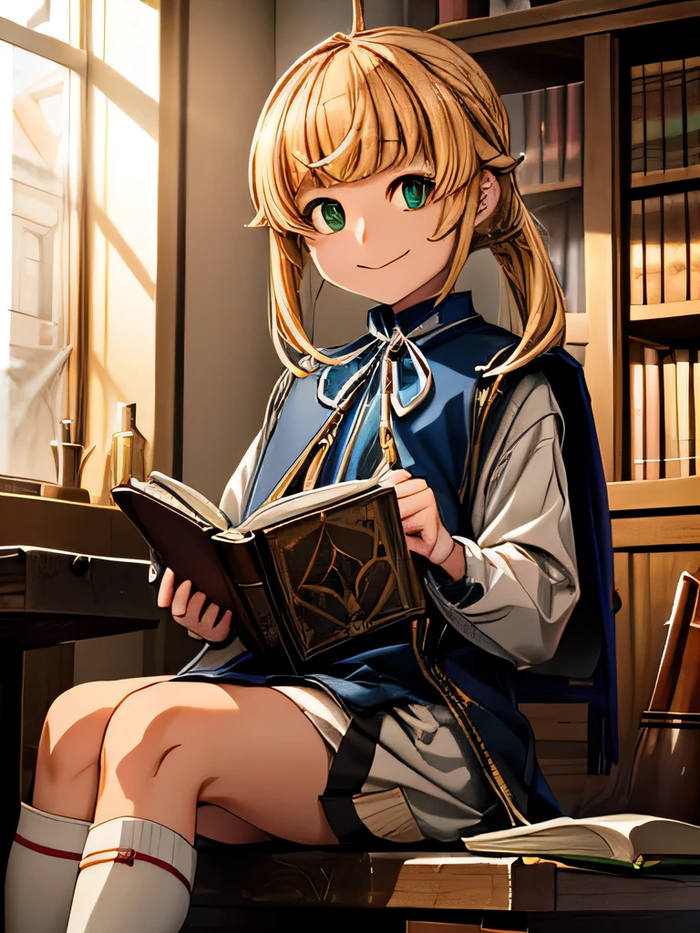 Kizi , HAIR GOLD  ,  , Grinning , in a medieval classroom , Brown Shoe , white stockings, puffed chest, reading a book, sitting on the floor 