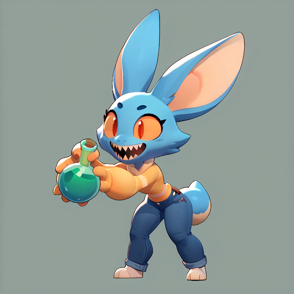 Full body view from a round creature with blue fur, female, long ears, smiling, sharp teeth, wearing jeans, friendly round creature, holding a green potion in his hand