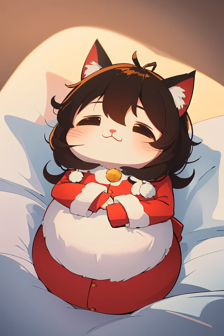 Illustration of a cute fat cat happy on a fluffy white pillow with light clouds around. Above the cat,Padoru_Meme,chibi,high lights