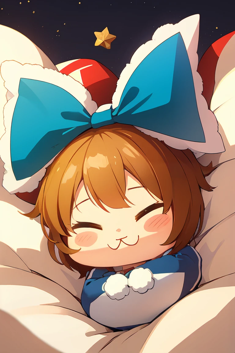 Illustration of a cute fat cat happy on a fluffy white pillow with light clouds around. Above the cat,Padoru_Meme,chibi,high lights