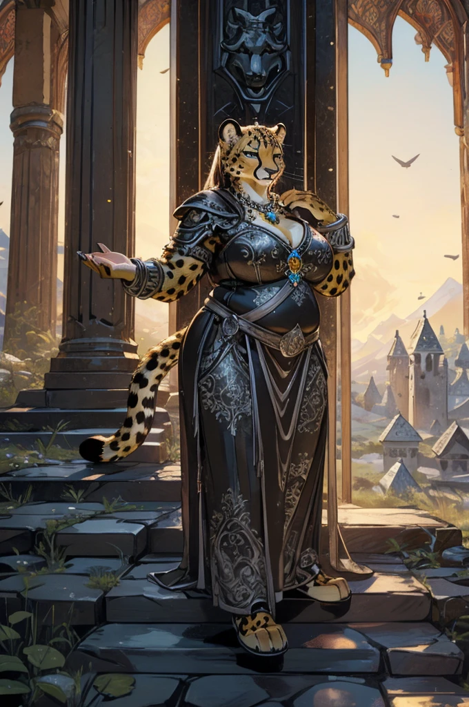 ((best quality, masterpiece, perfect anatomy, detailed picture)), 1female, cheetah, breasts, thick thighs, sexy body, Nightingale outfit, (Skyrim), legwear, fluffy tail, red blushing, domineering, sexy pose, in the ruins, Female cheetah, fat, fat belly, fat thighs, fat arms, lovehandles, big breasts, silver eyes, golden yellow fur, black cheetah markings, silver dress, silver earrings, silver bracelets, silver rings, silver necklaces, throne