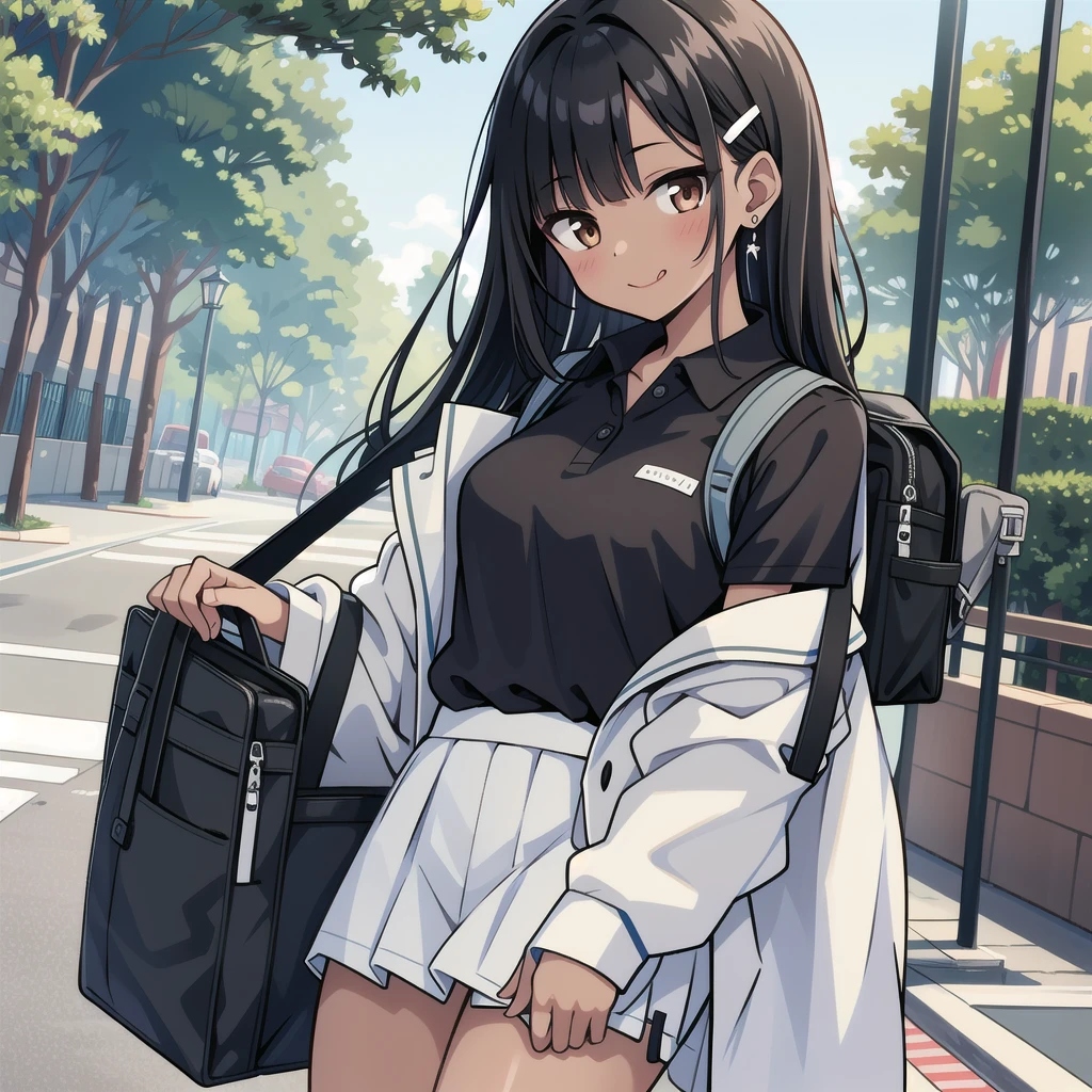 ((best quality)), ((masterpiece)), (details), one girl, sexy ((best quality)), ((masterpiece)), (details), one girl, sexy ((best quality)), ((masterpiece)), (details), one girl, full body, sexy expensive body, expensive, long legs, mature woman, mature, adult, it_nagatoro_main, Nagatoro Hayase, one girl, blushing, alone, uniform polo shirt, black hair, bag, brown eyes, hair accessory, looking at viewer, hair clip, outdoors, backpack, smiling, long hair, dark skinned woman, dark skin, , bangs, daytime, skirt, collared shirt, collarbone, ear clip, mouth closed, tree, asymmetrical bangs, upper body
