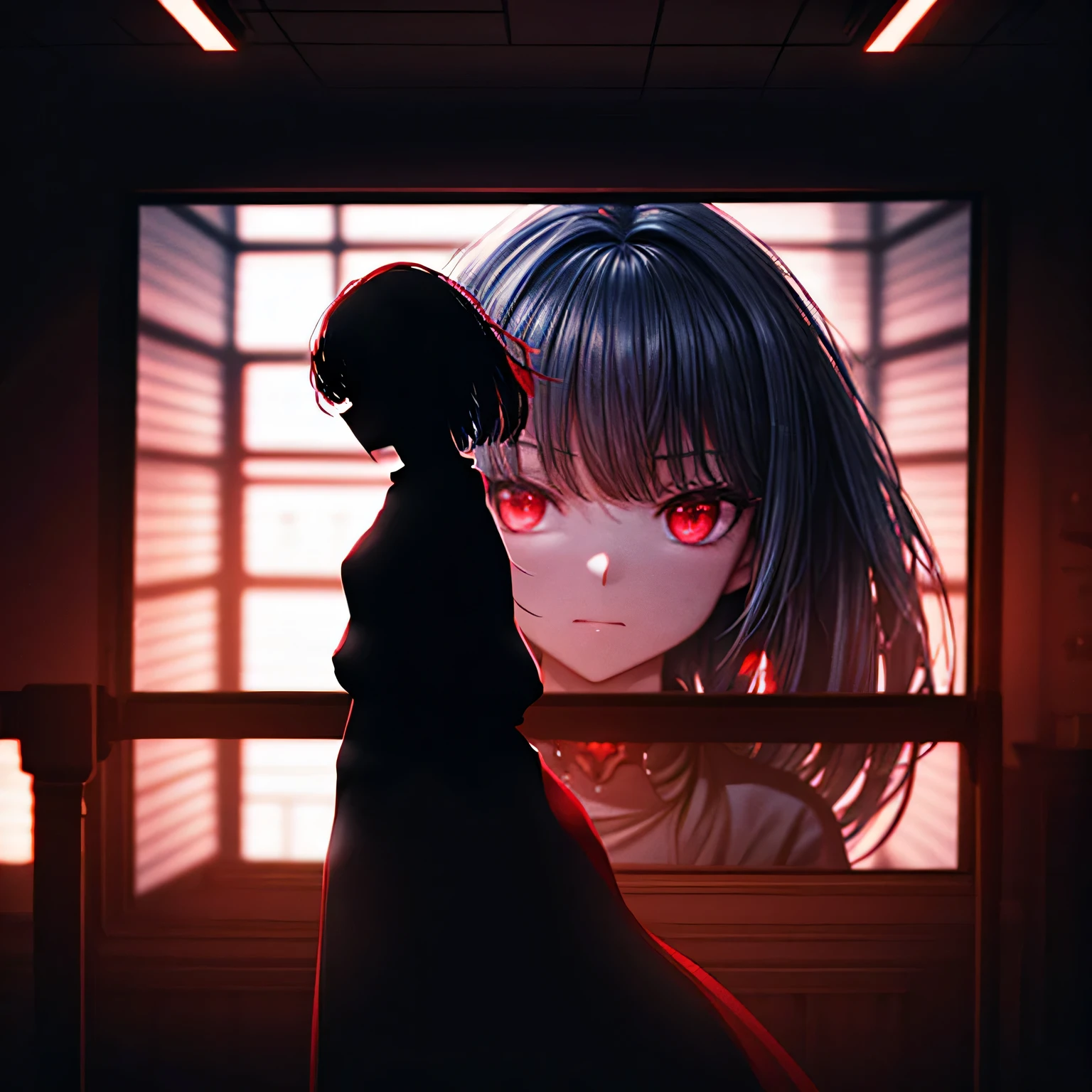 I want a large cinema screen where there's a person on the screen and in front of the screen: a masterpiece. A woman with red eyes stands in front of a window. Her beautiful eyes are visible on a large monitor screen in the background. A girl is in the center, her silhouette standing out. The red lighting highlights her red eyes and the blood. The room is detailed and dimly lit, with light coming from screens and monitor panels. The panels depict girls, and on these panels, many eyes are visible.