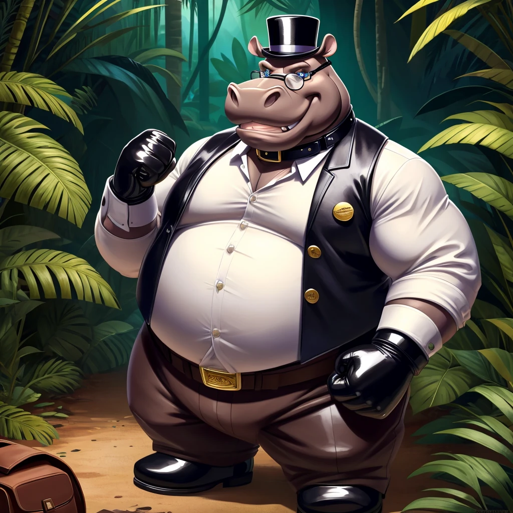 Solo, Male, fat, extremely obese, gentleman, dapper Professor Hippopotamus, blue eyes, (posing:1.3), (soft shading), 4k, hi res, ((detailed face, detailed)), looking at viewer, evil grin, jungle, forest, collared shirt with buttons, top hat, male focus, Explorer Outfit, glasses, monocle, bag, vest with buttons, backpack, sleeves rolled up, round eyewear, brown headwear, brown vest, Hippopotamus is wearing a glossy leather dog collar around the neck, Hippopotamus is wearing the leather collar and shirt and vest at the same time, Hippopotamus is wearing glossy white rubber gloves on the hands, wearing white rubber gloves on the feet, Hippopotamus is wearing glossy white cuffs around the wrists, gold cufflinks gloves are rubber in texture, clenching teeth, clenching fists, leather collar is glossy and shiny with a lot of detail, Hippopotamus is wearing gloves and cuffs and cufflinks at the same time, leather collar has a round dog-tag, leather collar is thick and detailed.