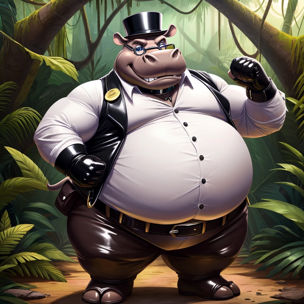 Solo, Male, fat, extremely obese, gentleman, dapper Professor Hippopotamus, blue eyes, (posing:1.3), (soft shading), 4k, hi res, ((detailed face, detailed)), looking at viewer, evil grin, jungle, forest, collared shirt with buttons, top hat, male focus, Explorer Outfit, glasses, monocle, bag, vest with buttons, backpack, sleeves rolled up, round eyewear, brown headwear, brown vest, Hippopotamus is wearing a glossy leather dog collar around the neck, Hippopotamus is wearing the leather collar and shirt and vest at the same time, Hippopotamus is wearing glossy white rubber gloves on the hands, wearing white rubber gloves on the feet, Hippopotamus is wearing glossy white cuffs around the wrists, gold cufflinks gloves are rubber in texture, clenching teeth, clenching fists, leather collar is glossy and shiny with a lot of detail, Hippopotamus is wearing gloves and cuffs and cufflinks at the same time, leather collar has a round dog-tag, leather collar is thick and detailed.