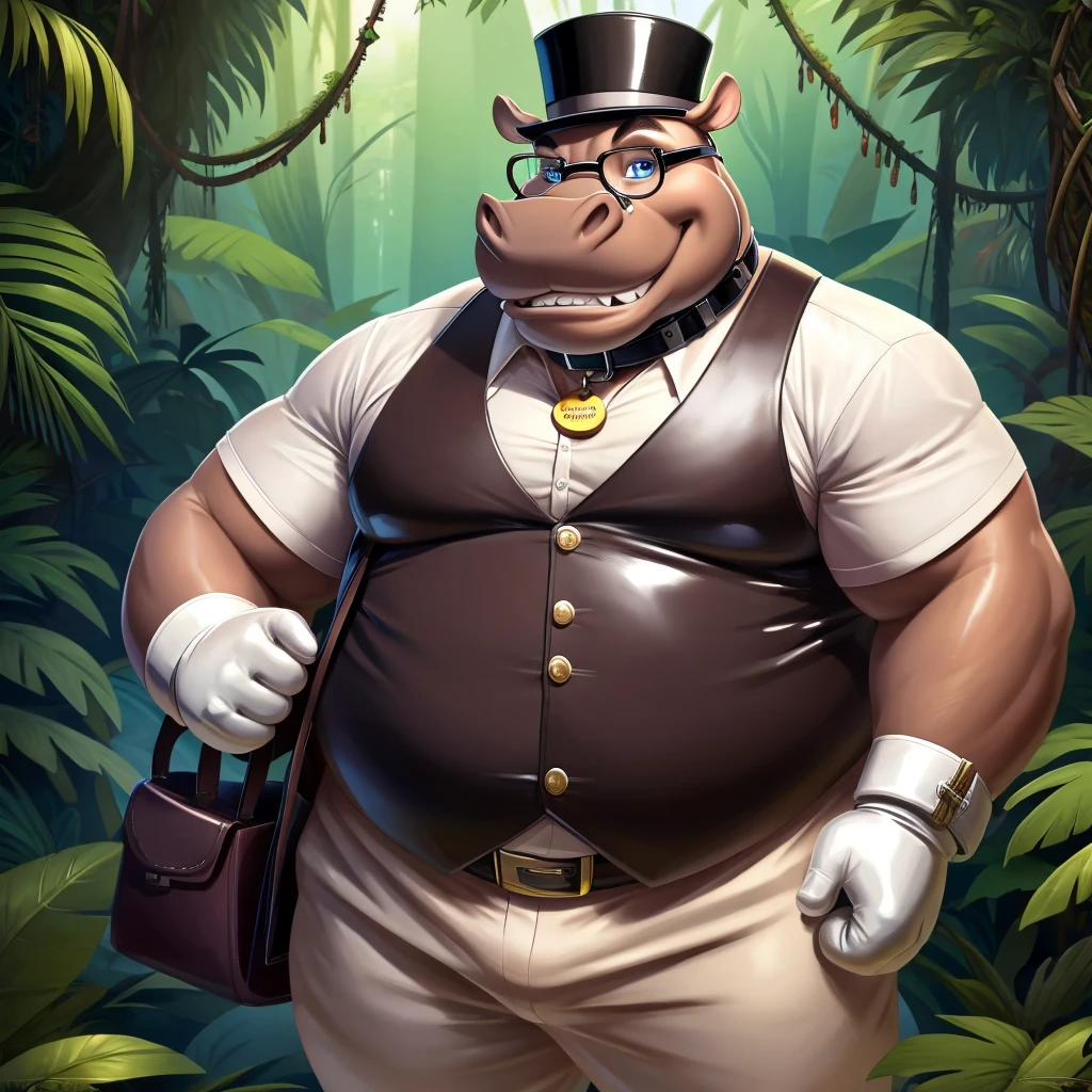 Solo, Male, fat, extremely obese, gentleman, dapper Professor Hippopotamus, blue eyes, (posing:1.3), (soft shading), 4k, hi res, ((detailed face, detailed)), looking at viewer, evil grin, jungle, forest, collared shirt with buttons, top hat, male focus, Explorer Outfit, glasses, monocle, bag, vest with buttons, backpack, sleeves rolled up, round eyewear, brown headwear, brown vest, Hippopotamus is wearing a glossy leather dog collar around the neck, Hippopotamus is wearing the leather collar and shirt and vest at the same time, Hippopotamus is wearing glossy white rubber gloves on the hands, wearing white rubber gloves on the feet, Hippopotamus is wearing glossy white cuffs around the wrists, gold cufflinks gloves are rubber in texture, clenching teeth, clenching fists, leather collar is glossy and shiny with a lot of detail, Hippopotamus is wearing gloves and cuffs and cufflinks at the same time, leather collar has a round dog-tag, leather collar is thick and detailed.