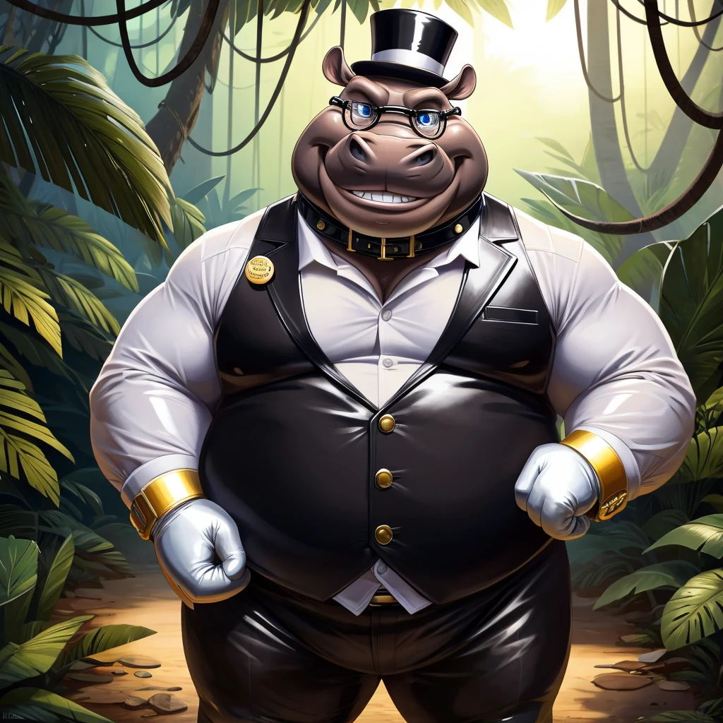 Solo, Male, fat, extremely obese, gentleman, dapper Professor Hippopotamus, blue eyes, (posing:1.3), (soft shading), 4k, hi res, ((detailed face, detailed)), looking at viewer, evil grin, jungle, forest, collared shirt with buttons, top hat, male focus, Explorer Outfit, glasses, monocle, bag, vest with buttons, backpack, sleeves rolled up, round eyewear, brown headwear, brown vest, Hippopotamus is wearing a glossy leather dog collar around the neck, Hippopotamus is wearing the leather collar and shirt and vest at the same time, Hippopotamus is wearing glossy white rubber gloves on the hands, wearing white rubber gloves on the feet, Hippopotamus is wearing glossy white cuffs around the wrists, gold cufflinks gloves are rubber in texture, clenching teeth, clenching fists, leather collar is glossy and shiny with a lot of detail, Hippopotamus is wearing gloves and cuffs and cufflinks at the same time, leather collar has a round dog-tag, leather collar is thick and detailed.