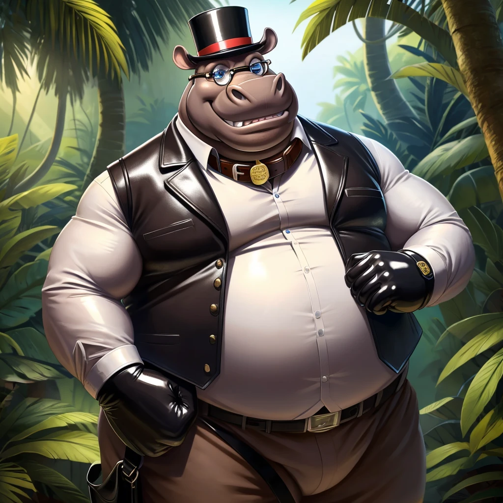 Solo, Male, fat, squatting, extremely obese, gentleman, dapper Professor Bull, with a large penis, penis getting milked by an udder milker, blue eyes, (soft shading), 4k, hi res, ((detailed face, detailed)), looking at viewer, evil grin, jungle, forest, collared shirt with buttons, top hat, male focus, Safari Outfit, glasses, monocle, bag, vest with buttons, backpack, sleeves rolled up, round eyewear, brown headwear, brown vest, Bull is wearing a glossy leather dog collar around the neck, Bull is wearing the leather collar and shirt and vest at the same time, Bull is wearing glossy white rubber gloves on the hands, wearing white rubber gloves on the feet, Bull is wearing glossy white cuffs around the wrists with cufflinks, gloves are rubber in texture, clenching teeth, clenching fists, leather collar is glossy and shiny with a lot of detail, Bull is wearing gloves and cuffs and cufflinks at the same time, leather collar has a round dog-tag, leather collar is thick and detailed, udder milker is shiny.