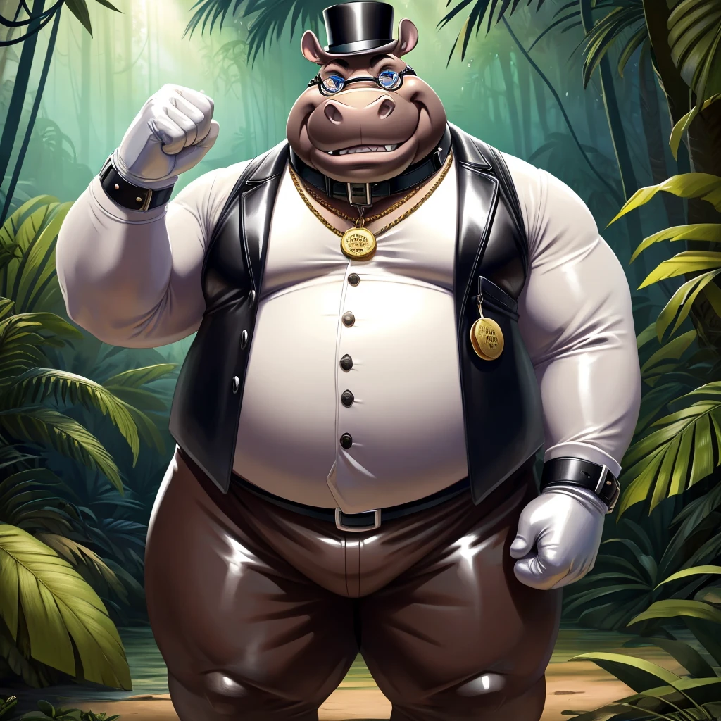 Solo, Male, fat, squatting, extremely obese, gentleman, dapper Professor Bull, with a large udder, udder getting milked by an udder milker, blue eyes, (soft shading), 4k, hi res, ((detailed face, detailed)), looking at viewer, evil grin, jungle, forest, collared shirt with buttons, top hat, male focus, Safari Outfit, glasses, monocle, bag, vest with buttons, backpack, sleeves rolled up, round eyewear, brown headwear, brown vest, Bull is wearing a glossy leather dog collar around the neck, Bull is wearing the leather collar and shirt and vest at the same time, Bull is wearing glossy white rubber gloves on the hands, wearing white rubber gloves on the feet, Bull is wearing glossy white cuffs around the wrists with cufflinks, gloves are rubber in texture, clenching teeth, clenching fists, leather collar is glossy and shiny with a lot of detail, Bull is wearing gloves and cuffs and cufflinks at the same time, leather collar has a round dog-tag, leather collar is thick and detailed, udder milker is shiny.