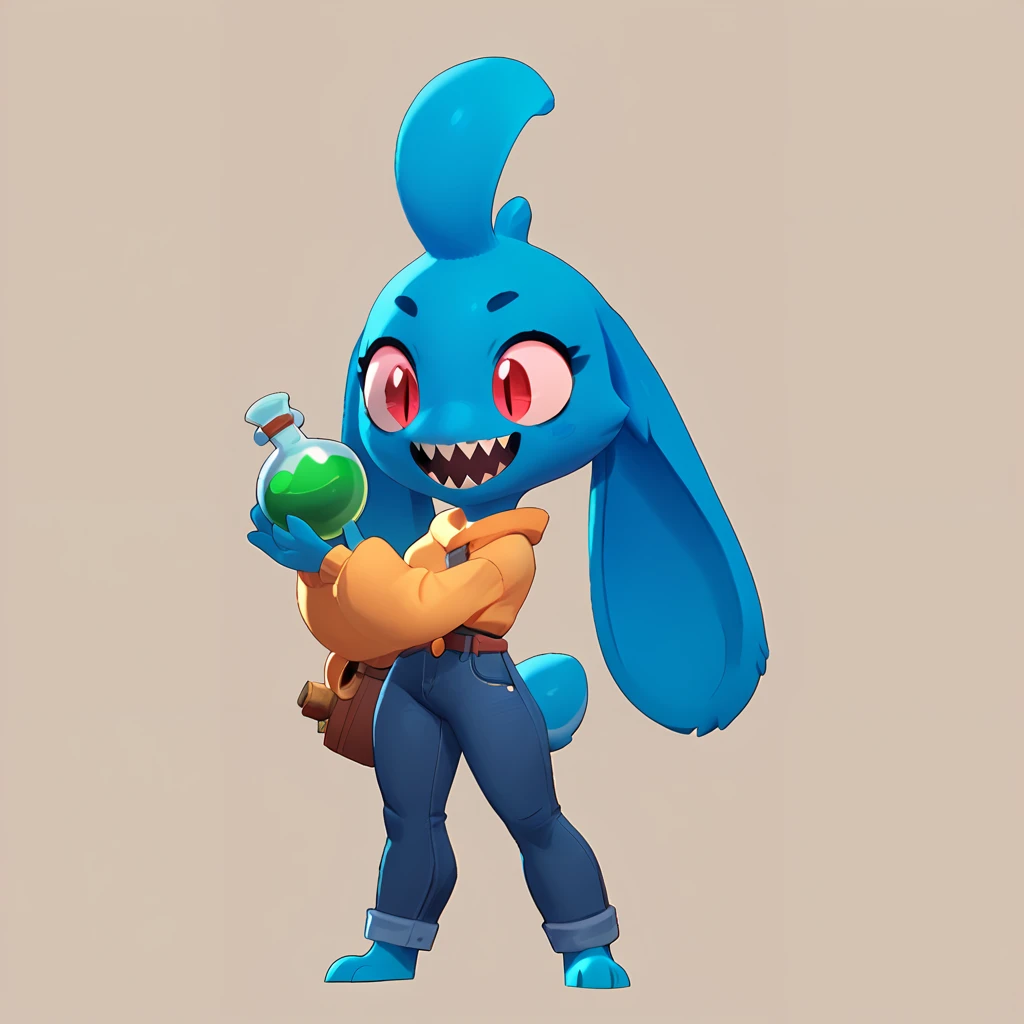 Full body view from a round creature with blue fur, female, long ears, smiling, sharp teeth, wearing jeans, friendly round creature, holding a green potion in his hand