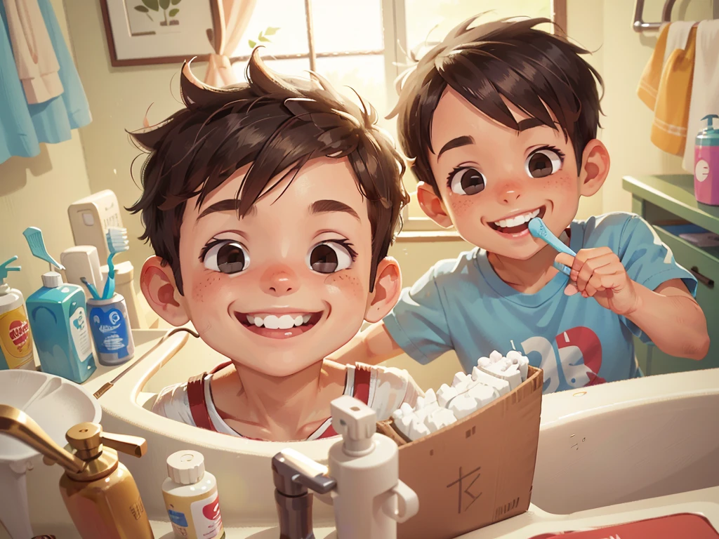 A smiling boy, closeup of face, showing his clean teeth, toothbrush and toothpaste in the bathroom
