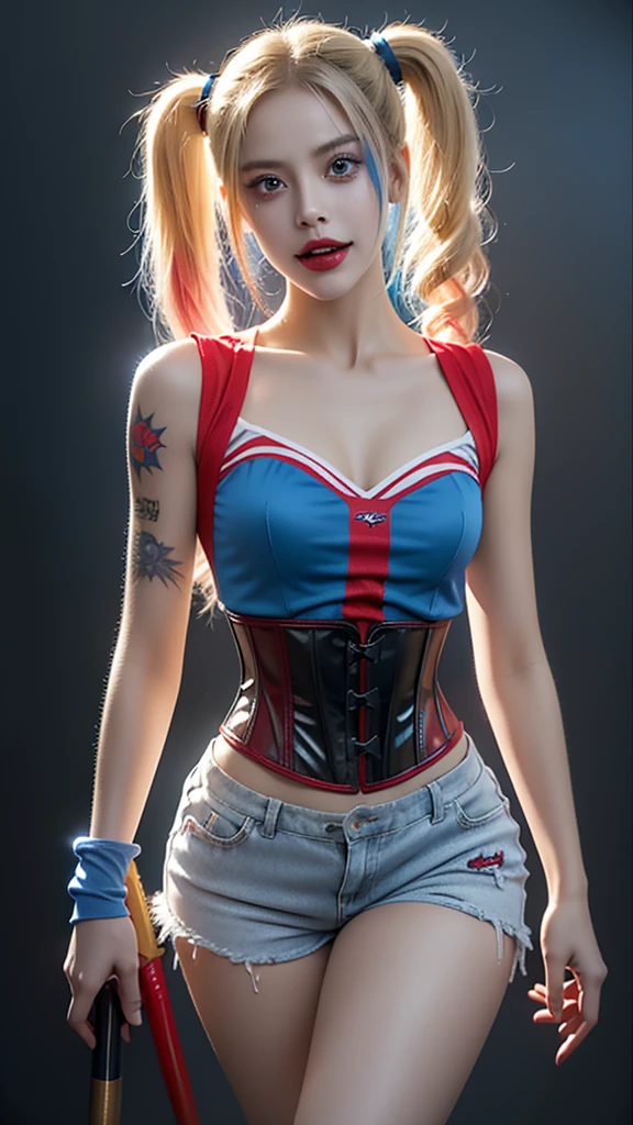 a woman with vibrant Beige and blue pigtails, a red and blue corset top, Small, tight-fitting shorts, fishnet stockings, a baseball bat, and a crazy expression on her face, DC comics character Harley Quinn from the movie Suicide Squad, intricate detailed tattoos, highly saturated colors, high quality, photorealistic, cinematic lighting, dramatic pose, dynamic angle, action scene, Sample language