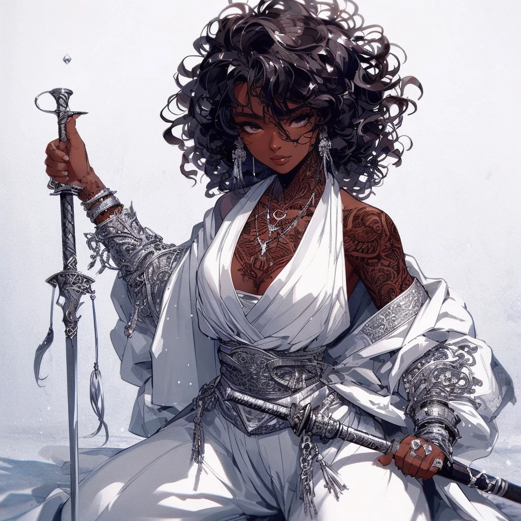 line-less manga style, anime semi realistic, Baroque Anime Style, African American_female, mature facial features, curly hair, tattoos, heavy-lidded dark brown cat eyes, Chinese white Winter robes, Arabian styles pants, silver shoulder armor, drappy silver jewelry, fully silver melee weapon, silver armor with ancient inscriptions in on hilt, silver wrist cuffs, silver corset ancient symbols inscribed on if, loose white robes, neck armor, Full body