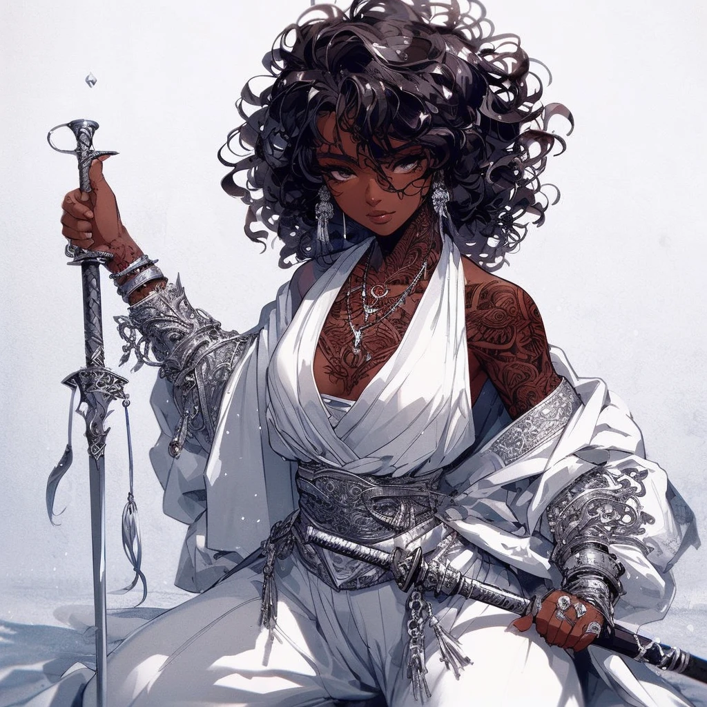 line-less manga style, anime semi realistic, Baroque Anime Style, African American_female, mature facial features, curly hair, tattoos, heavy-lidded dark brown cat eyes, Chinese white Winter robes, Arabian styles pants, silver shoulder armor, drappy silver jewelry, fully silver melee weapon, silver armor with ancient inscriptions in on hilt, silver wrist cuffs, silver corset ancient symbols inscribed on if, loose white robes, neck armor, Full body