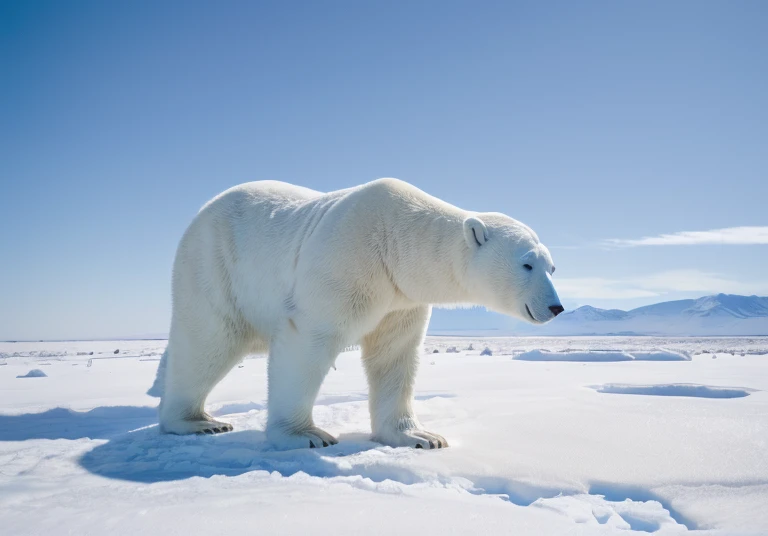 ((A humanoid white polar bear with abnormal musculature, very robust, blue eyes is standing looking up looking at the sky and uses some animal hides as clothing)), frozen ground and desert scenery, no trees there are no plants on this planet. Low left photography angle