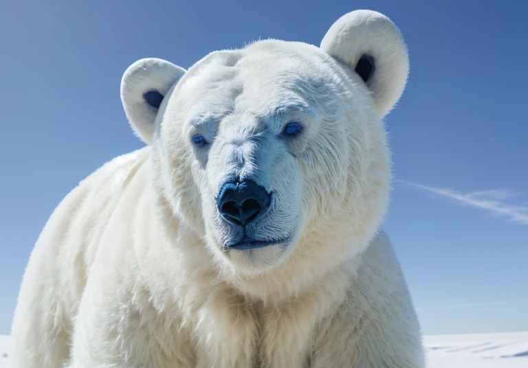 ((A humanoid white polar bear with abnormal musculature, very robust, blue eyes is standing looking up looking at the sky and uses some animal hides as clothing)), frozen ground and desert scenery, no trees there are no plants on this planet. Low left photography angle