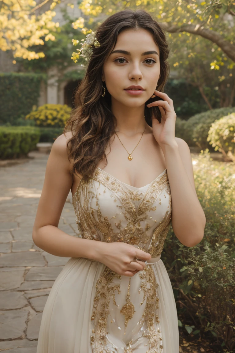 a beautiful young middle eastern woman, detailed facial features, long flowing dark hair, warm brown eyes, delicate nose and lips, elegant facial expression, intricate ornate gold jewelry, intricate embroidered traditional dress, serene outdoor garden setting, lush greenery, blooming flowers, soft natural lighting, (best quality,4k,8k,highres,masterpiece:1.2),ultra-detailed,(realistic,photorealistic,photo-realistic:1.37),detailed portrait,cinematic composition