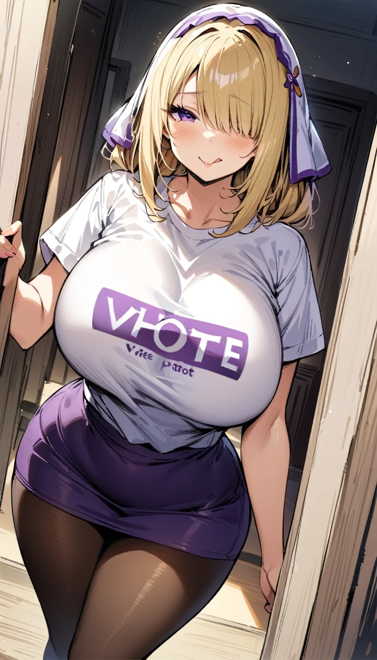 ((Best Quality)), ((Masterpiece)), (detailed), 1 girl, Pastel yellow hair, wide, hair covers one eye, purple eyes, tight, big breasts, big thighs, expression smiling shy, at home, backwards, big butt, showing tracero, sticking out tongue, perspective behind, white vote t-shirt, purple skirt, brown pantyhose,