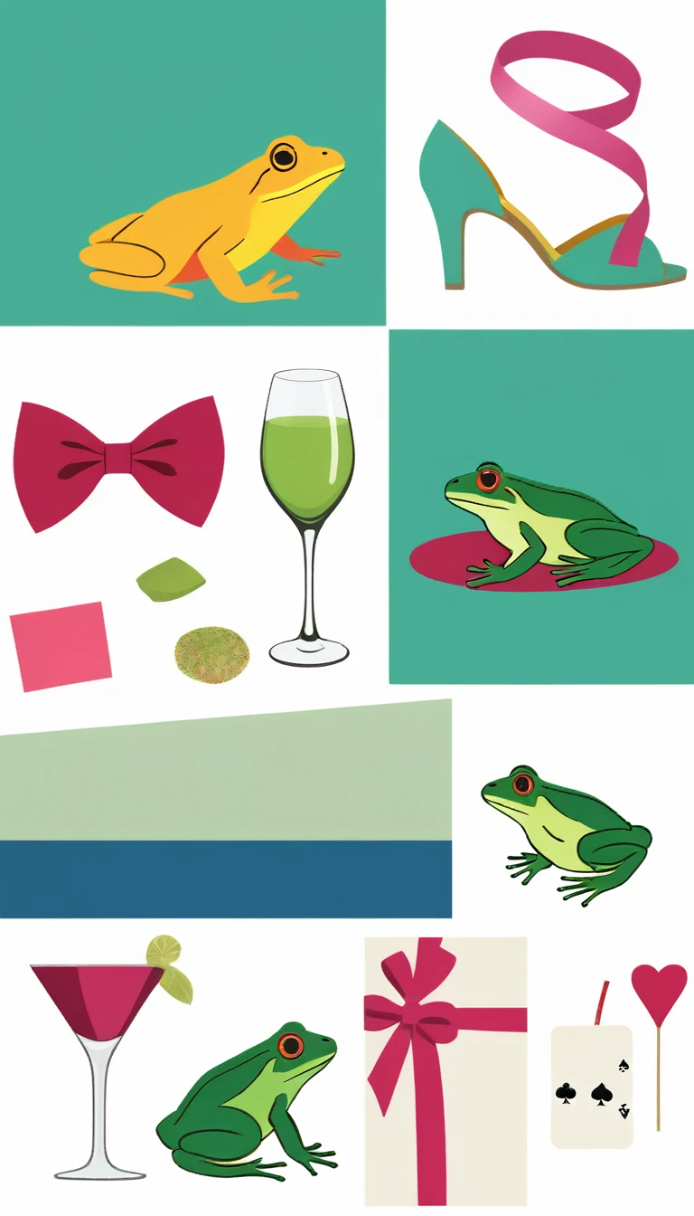 summer collage, frogs drawing, bows, play cards, deep colors, coctails