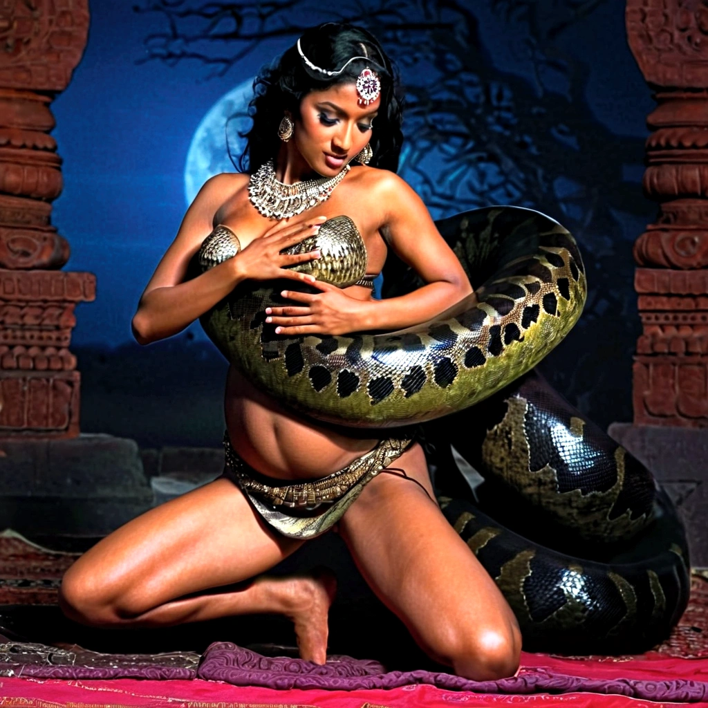 Pregnant topless Happy Horny, aroused 1girl), beautiful kneeling indian young belly dancer with giant colossal black titanboa squeezing her hard, wrapped in thick spiraling coils, constricted, struggle, gasping for air, snake attack, snake peril, moonless night, dim light