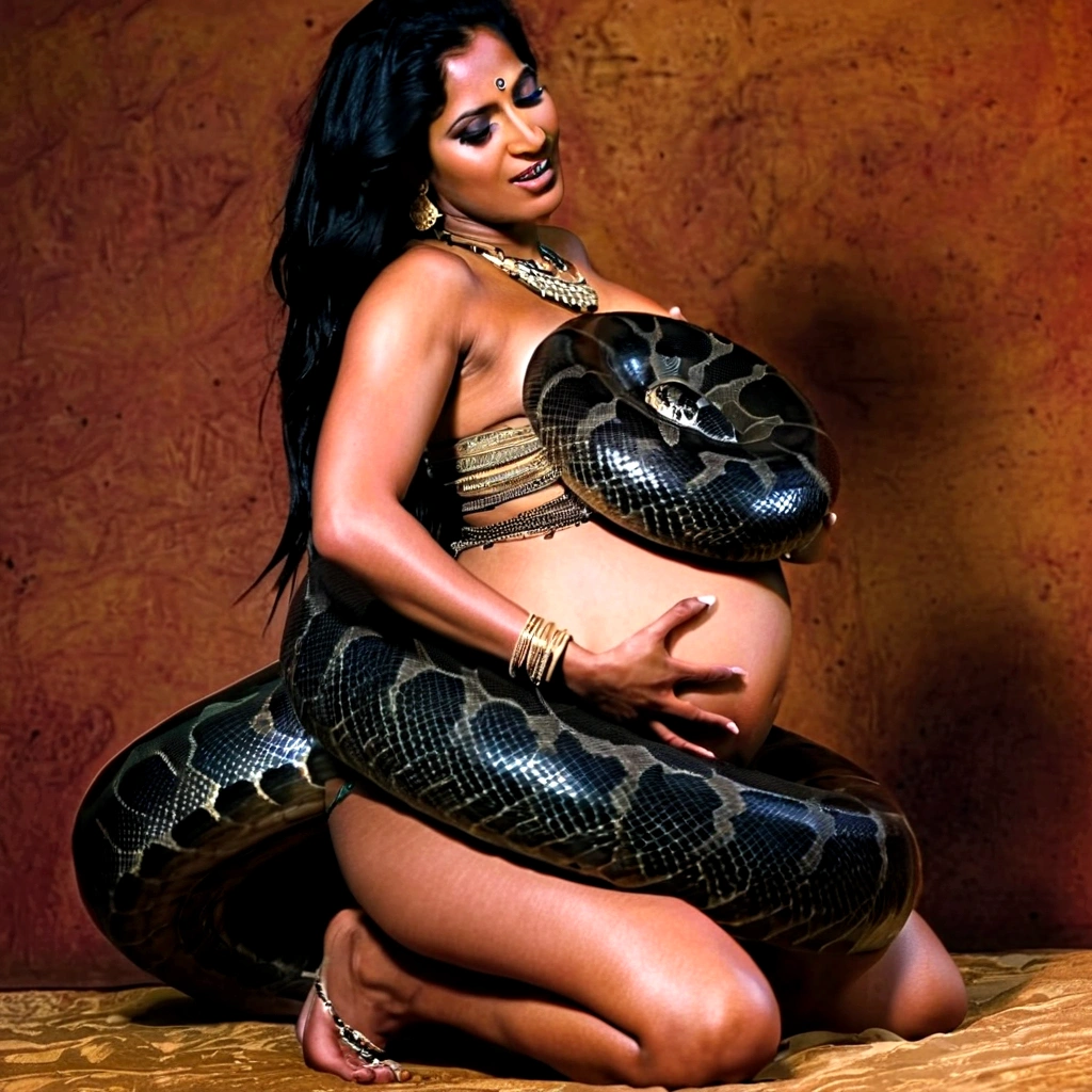 Pregnant topless Happy Horny, aroused 1girl), beautiful kneeling indian young belly dancer with giant colossal black titanboa squeezing her hard, wrapped in thick spiraling coils, constricted, struggle, gasping for air, snake attack, snake peril, moonless night, dim light