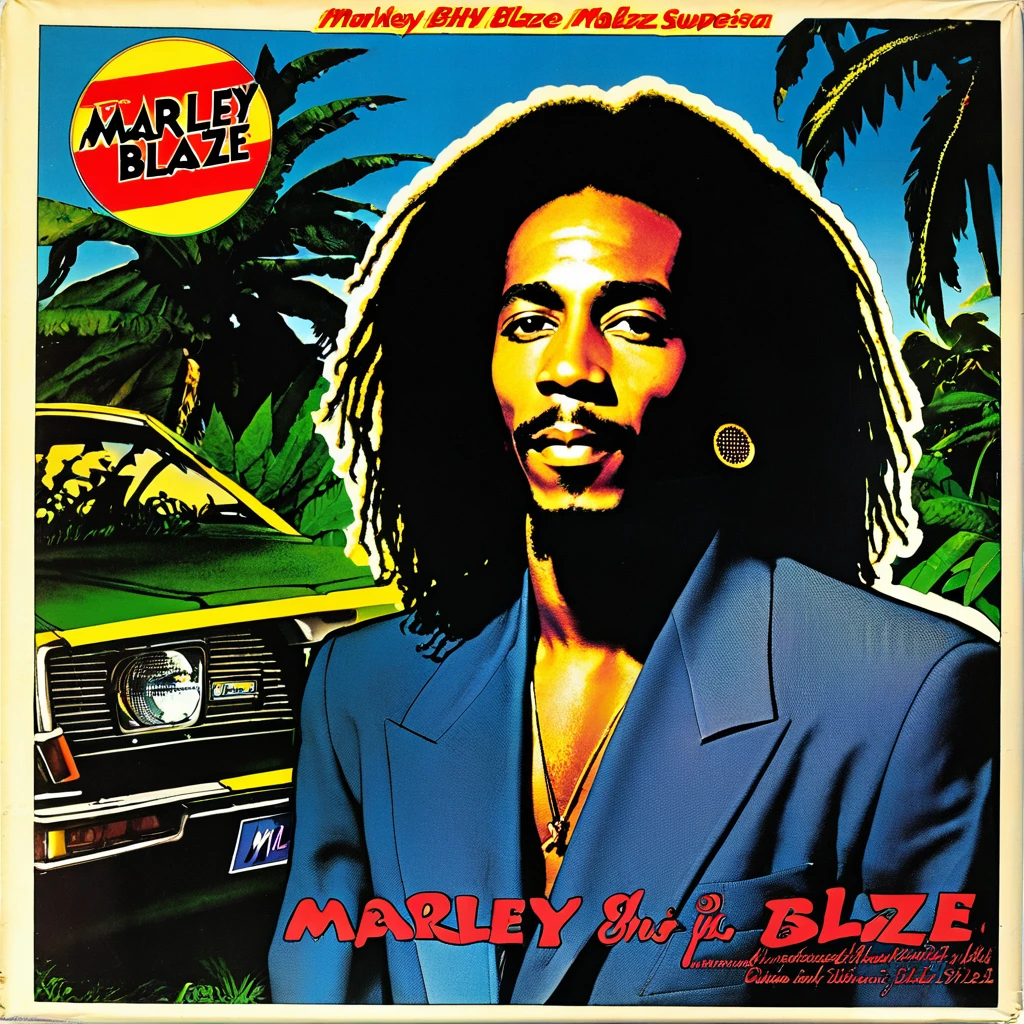 1980s vinyl album cover for black male reggae superstar "Marley Blaze" and his song called "Ghia Mi Luv"